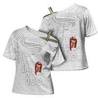 Super Samoa-Six Eight Five to The World Cross Shoulder Shirt Traditional Samoan Tattoo All White LT03 - Polynesian Pride