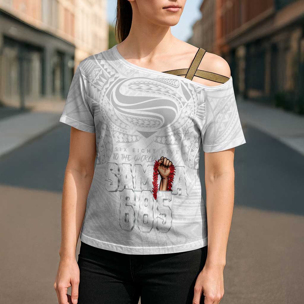 Super Samoa-Six Eight Five to The World Cross Shoulder Shirt Traditional Samoan Tattoo All White LT03 - Polynesian Pride