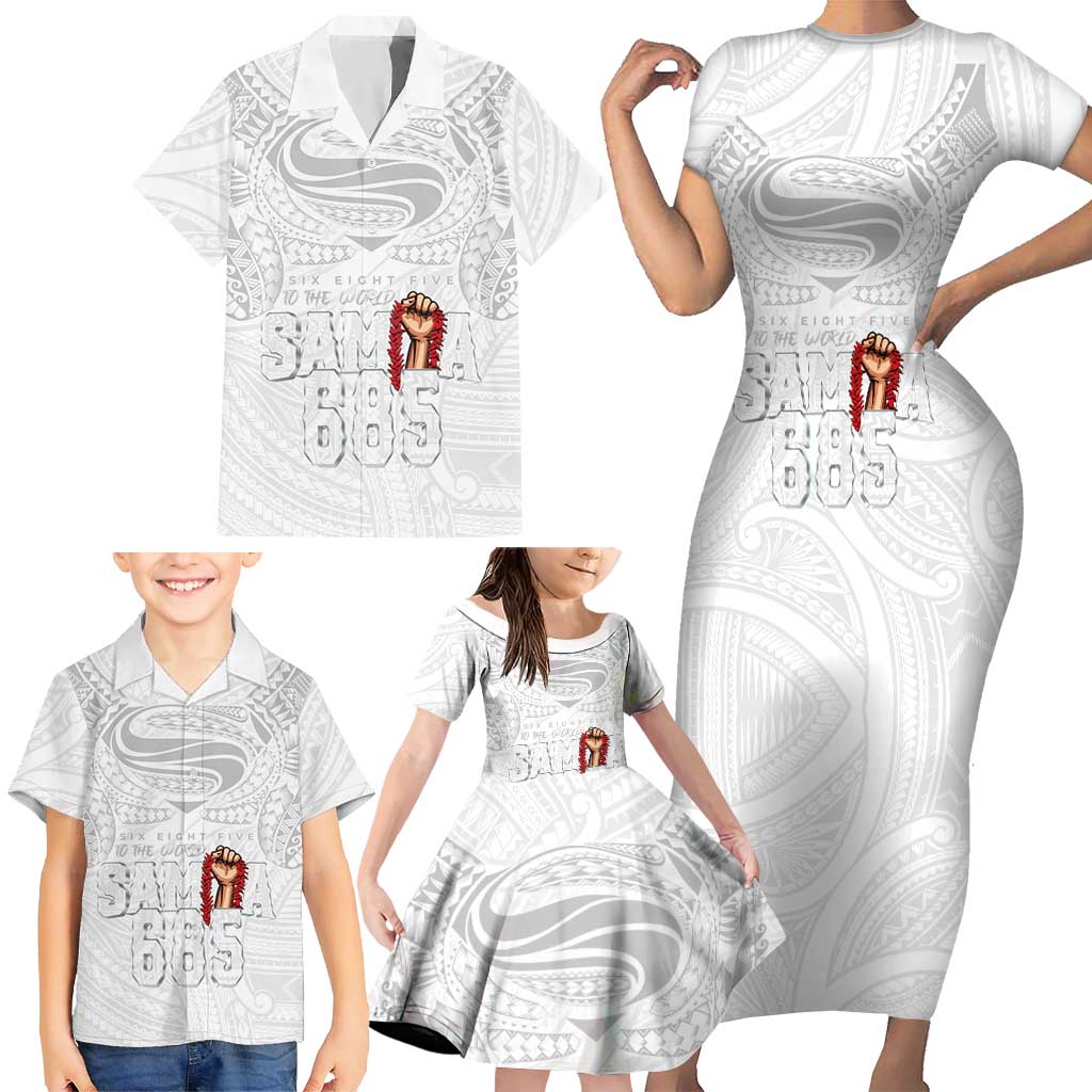 Super Samoa-Six Eight Five to The World Family Matching Short Sleeve Bodycon Dress and Hawaiian Shirt Traditional Samoan Tattoo All White