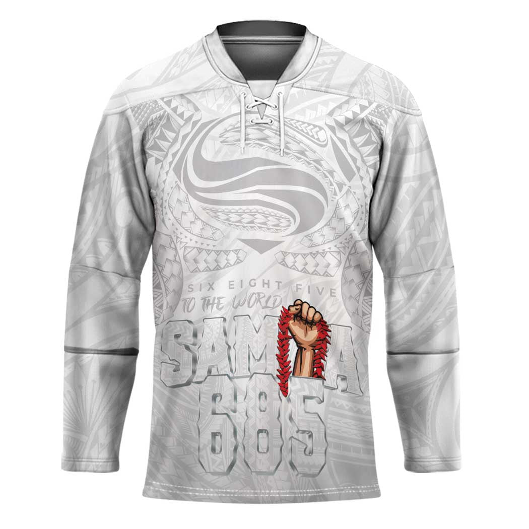 Super Samoa-Six Eight Five to The World Hockey Jersey Traditional Samoan Tattoo All White LT03 Unisex White - Polynesian Pride