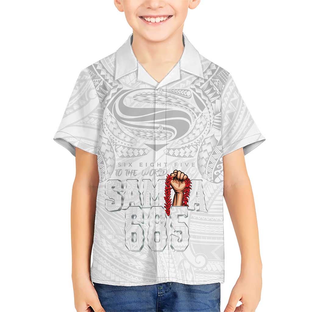 Super Samoa-Six Eight Five to The World Kid Hawaiian Shirt Traditional Samoan Tattoo All White