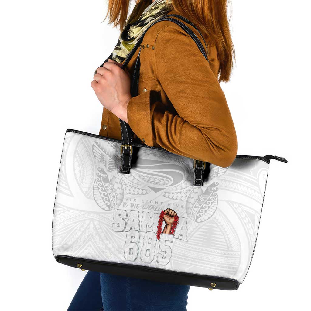 Super Samoa-Six Eight Five to The World Leather Tote Bag Traditional Samoan Tattoo All White LT03 White - Polynesian Pride
