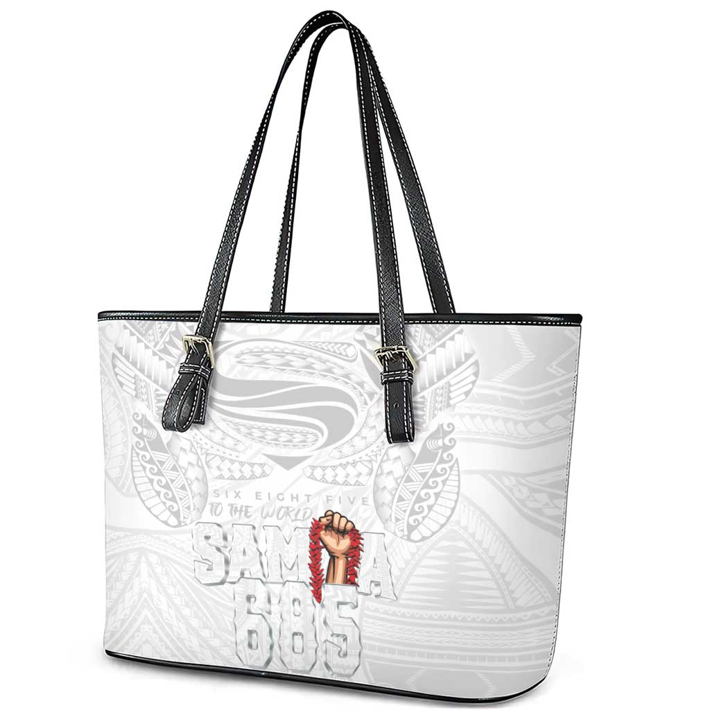 Super Samoa-Six Eight Five to The World Leather Tote Bag Traditional Samoan Tattoo All White LT03 - Polynesian Pride