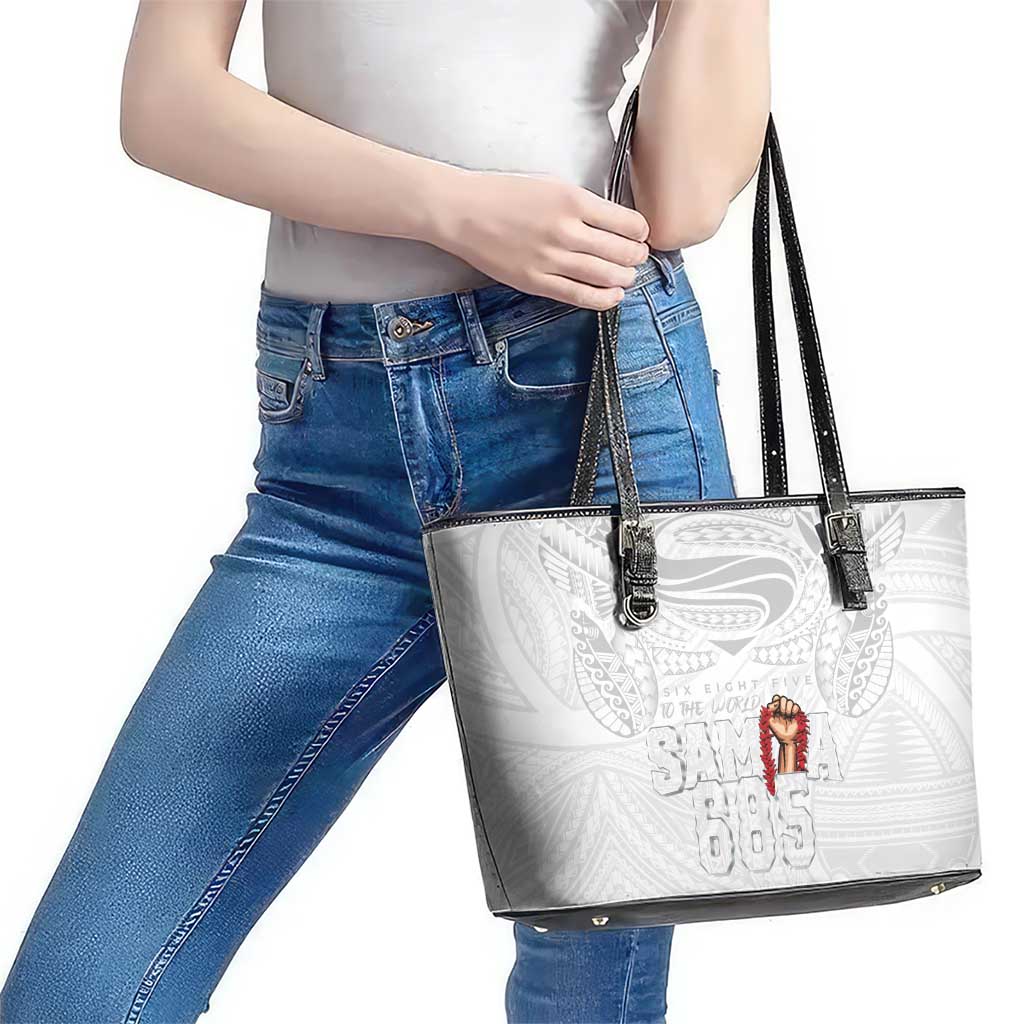 Super Samoa-Six Eight Five to The World Leather Tote Bag Traditional Samoan Tattoo All White LT03 - Polynesian Pride