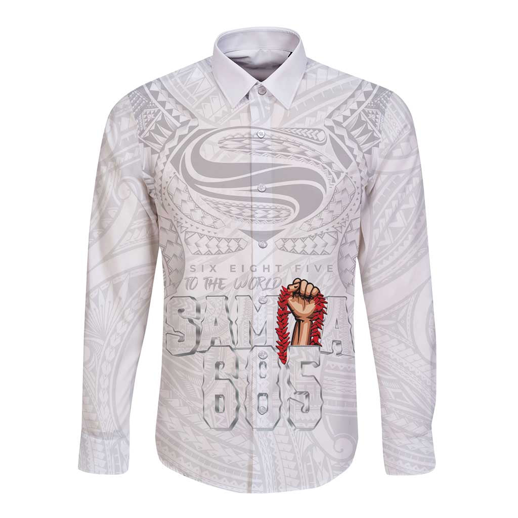Super Samoa-Six Eight Five to The World Long Sleeve Button Shirt Traditional Samoan Tattoo All White LT03 Unisex White - Polynesian Pride