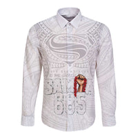 Super Samoa-Six Eight Five to The World Long Sleeve Button Shirt Traditional Samoan Tattoo All White LT03 Unisex White - Polynesian Pride