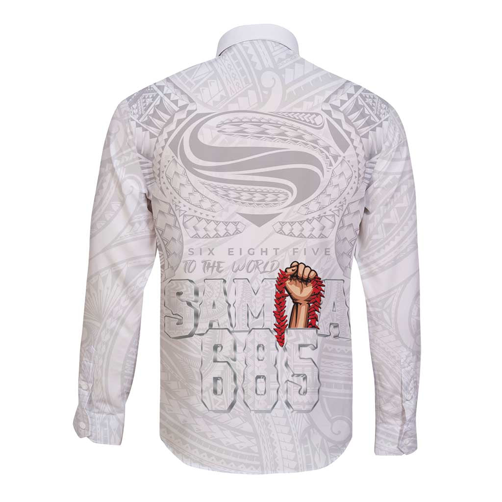 Super Samoa-Six Eight Five to The World Long Sleeve Button Shirt Traditional Samoan Tattoo All White LT03 - Polynesian Pride
