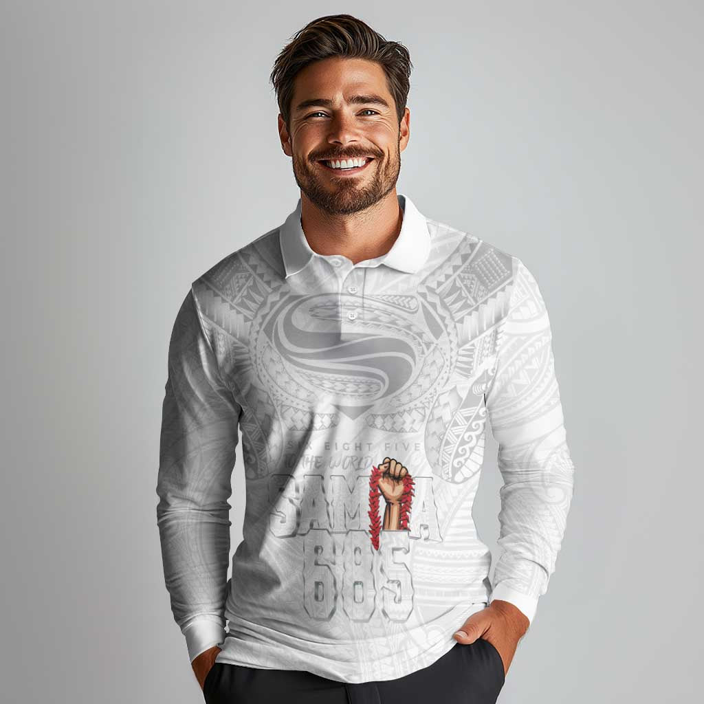 Super Samoa-Six Eight Five to The World Long Sleeve Polo Shirt Traditional Samoan Tattoo All White