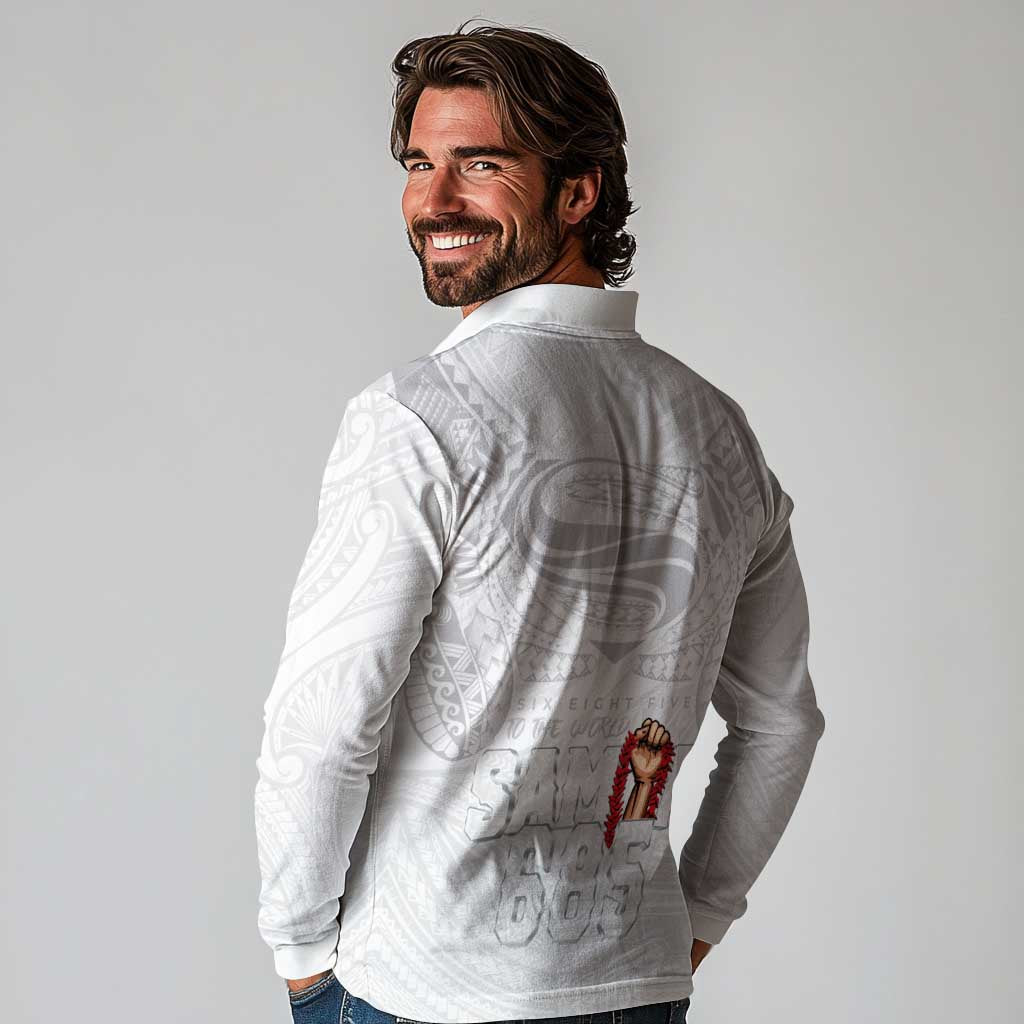 Super Samoa-Six Eight Five to The World Long Sleeve Polo Shirt Traditional Samoan Tattoo All White