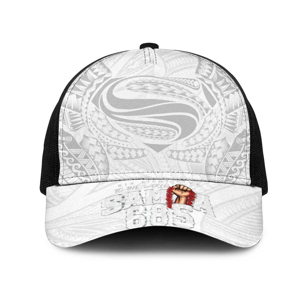 Super Samoa-Six Eight Five to The World Mesh Trucker Cap Traditional Samoan Tattoo All White
