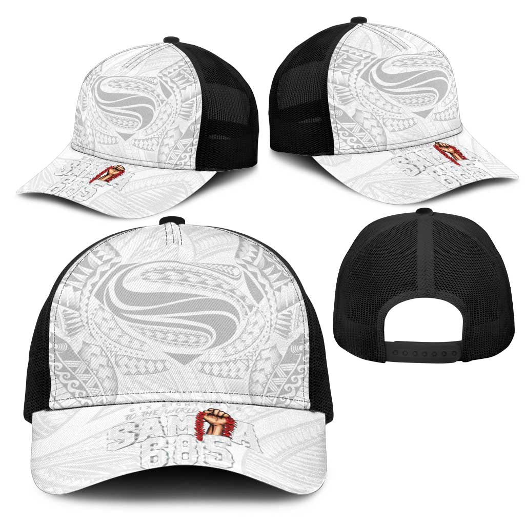 Super Samoa-Six Eight Five to The World Mesh Trucker Cap Traditional Samoan Tattoo All White