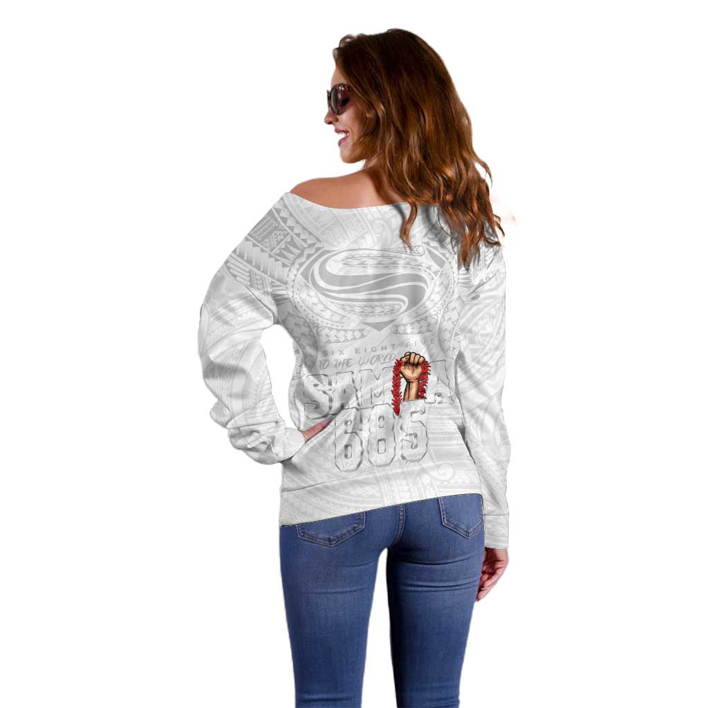 Super Samoa-Six Eight Five to The World Off Shoulder Sweater Traditional Samoan Tattoo All White LT03 - Polynesian Pride