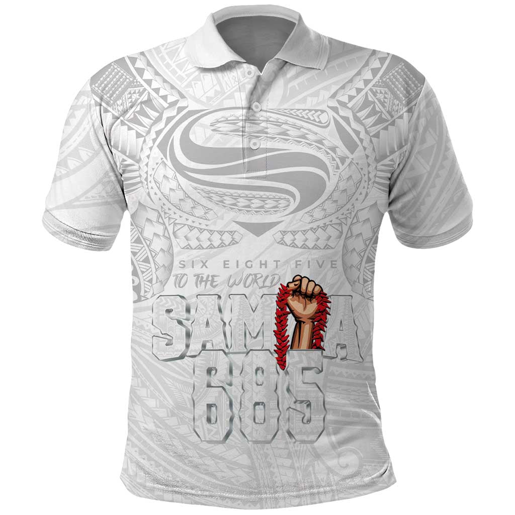 Super Samoa-Six Eight Five to The World Polo Shirt Traditional Samoan Tattoo All White LT03 White - Polynesian Pride