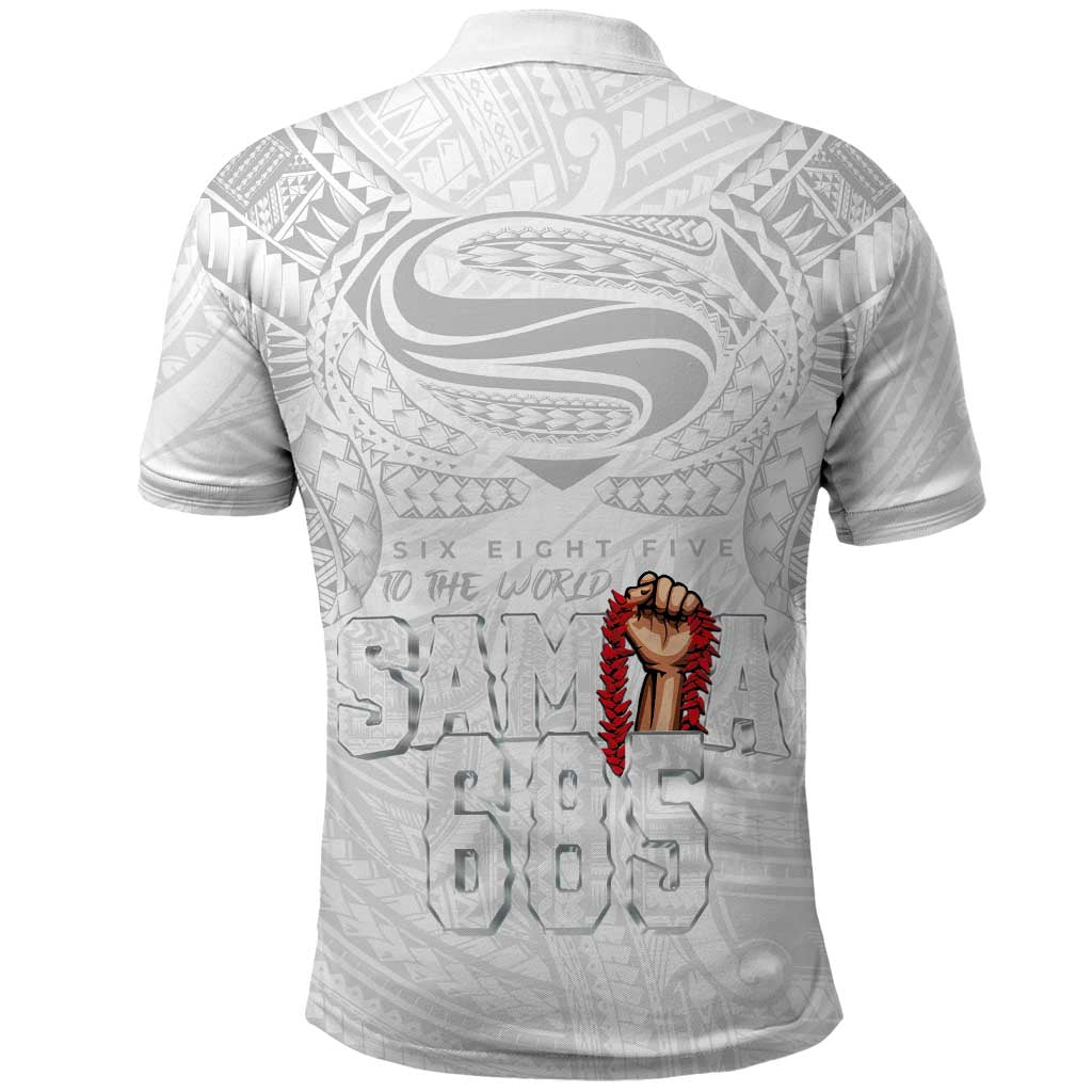 Super Samoa-Six Eight Five to The World Polo Shirt Traditional Samoan Tattoo All White LT03 - Polynesian Pride