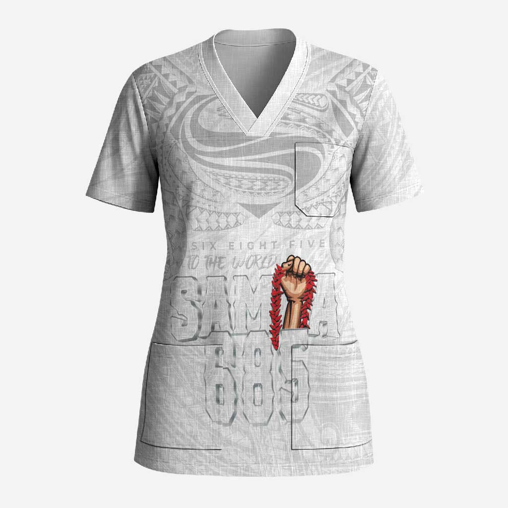 Super Samoa-Six Eight Five to The World Scrub Top Traditional Samoan Tattoo All White LT03 Adult White - Polynesian Pride