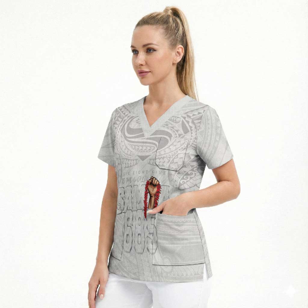 Super Samoa-Six Eight Five to The World Scrub Top Traditional Samoan Tattoo All White LT03 - Polynesian Pride