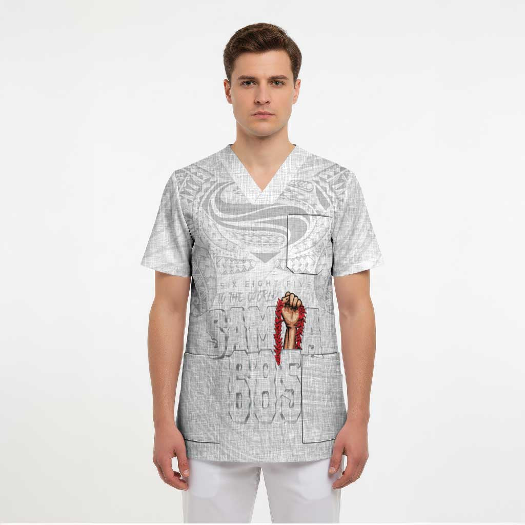 Super Samoa-Six Eight Five to The World Scrub Top Traditional Samoan Tattoo All White LT03 - Polynesian Pride