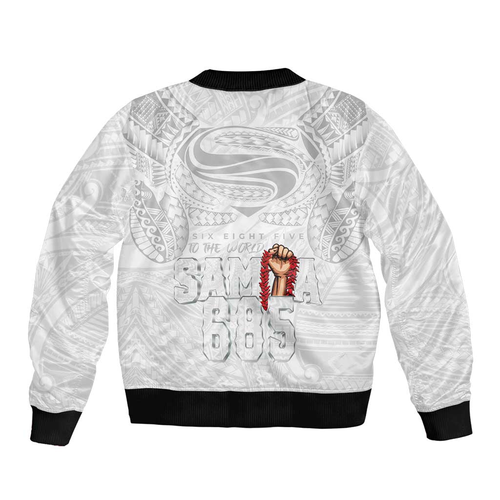 Super Samoa-Six Eight Five to The World Sleeve Zip Bomber Jacket Traditional Samoan Tattoo All White LT03 - Polynesian Pride