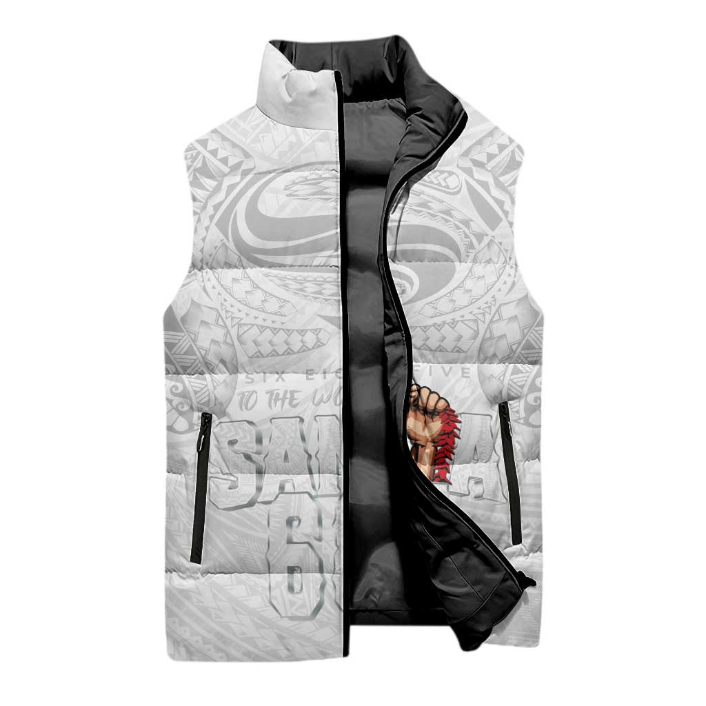 Super Samoa-Six Eight Five to The World Sleeveless Puffer Jacket Traditional Samoan Tattoo All White LT03 - Polynesian Pride