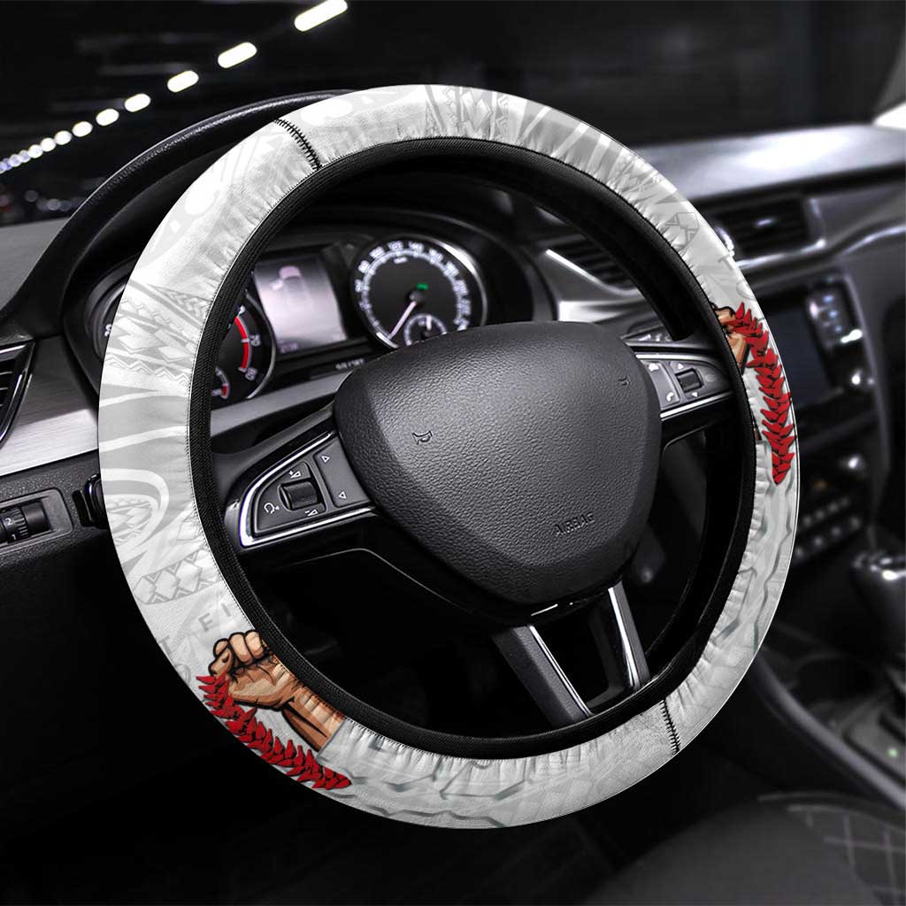 Super Samoa-Six Eight Five to The World Steering Wheel Cover Traditional Samoan Tattoo All White LT03 Universal Fit White - Polynesian Pride