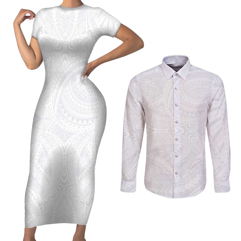 Lotu Tamaiti Samoan Art Tattoo Polynesian Pattern Couples Matching Short Sleeve Bodycon Dress and Long Sleeve Button Shirt