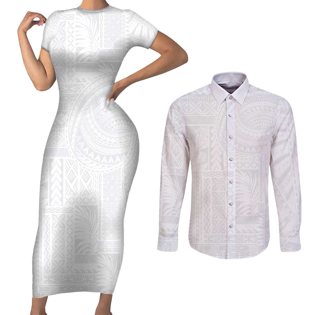 Lotu Tamaiti Samoan Art Tattoo Siapo Pattern Couples Matching Short Sleeve Bodycon Dress and Long Sleeve Button Shirt