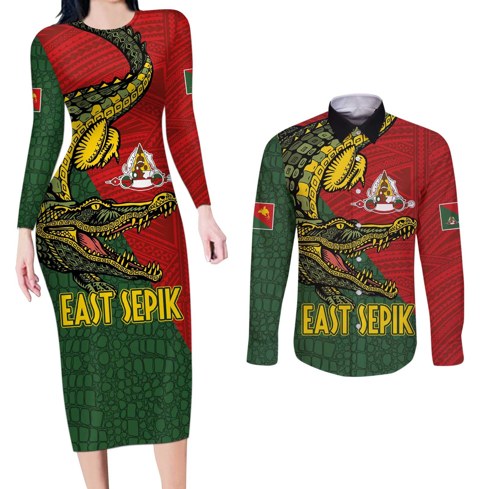 Sepik River Crocodile & Arts Festival Melanesian Pattern Couples Matching Long Sleeve Bodycon Dress and Long Sleeve Button Shirt LT03 Red - Polynesian Pride