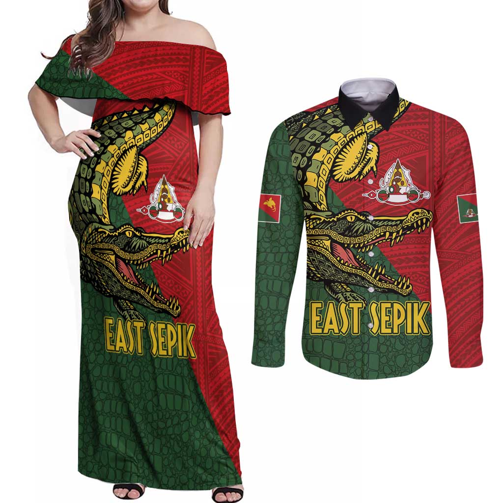 Sepik River Crocodile & Arts Festival Melanesian Pattern Couples Matching Off Shoulder Maxi Dress and Long Sleeve Button Shirt LT03 Red - Polynesian Pride