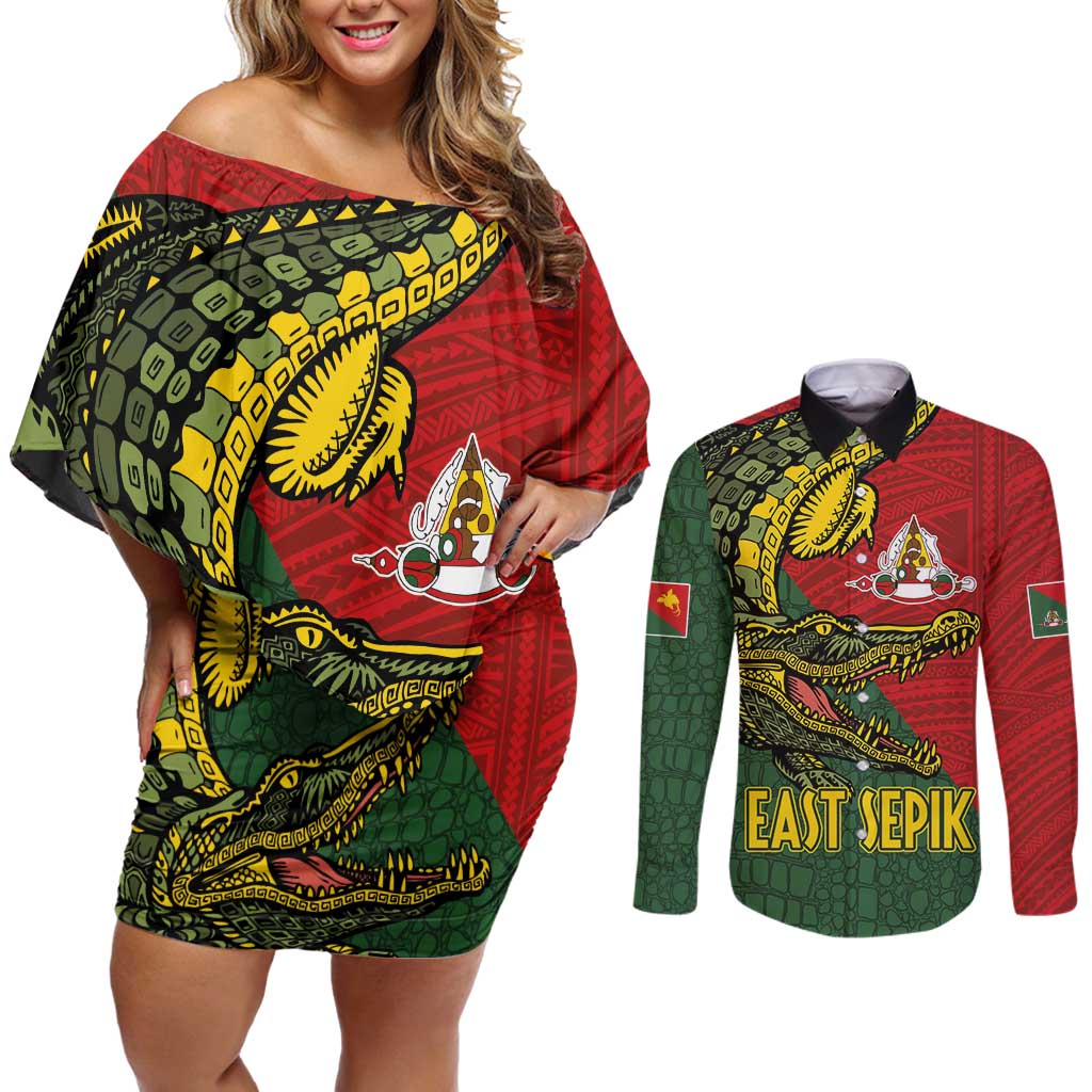Sepik River Crocodile & Arts Festival Melanesian Pattern Couples Matching Off Shoulder Short Dress and Long Sleeve Button Shirt LT03 Red - Polynesian Pride