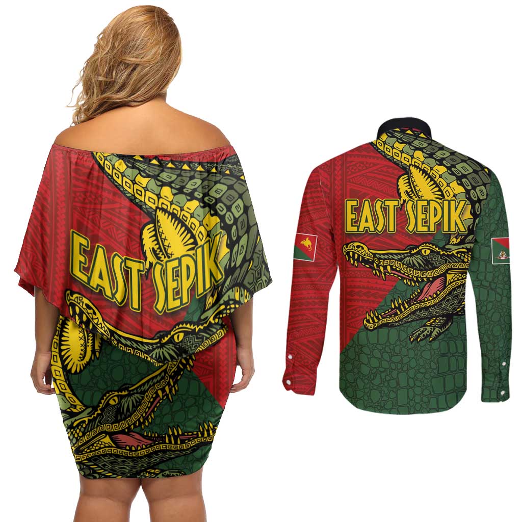 Sepik River Crocodile & Arts Festival Melanesian Pattern Couples Matching Off Shoulder Short Dress and Long Sleeve Button Shirt