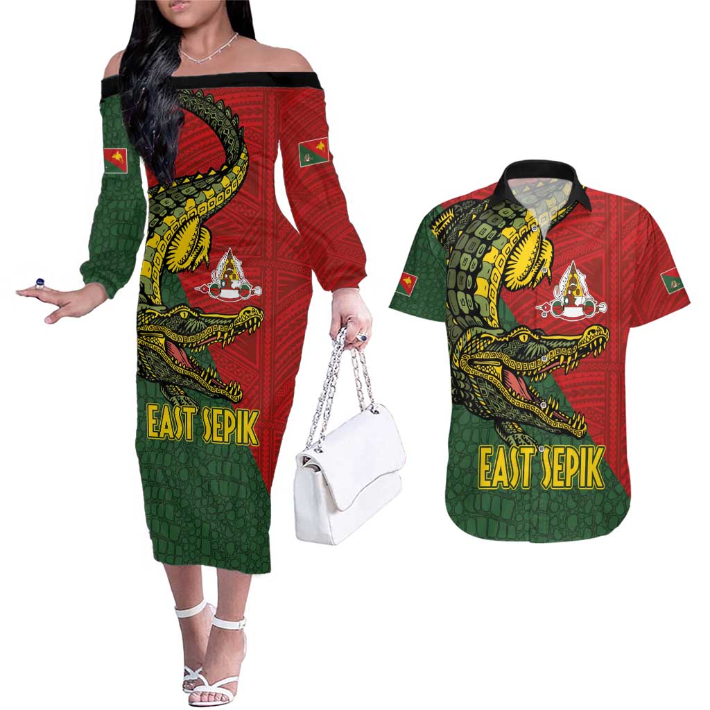 Sepik River Crocodile & Arts Festival Melanesian Pattern Couples Matching Off The Shoulder Long Sleeve Dress and Hawaiian Shirt LT03 Red - Polynesian Pride