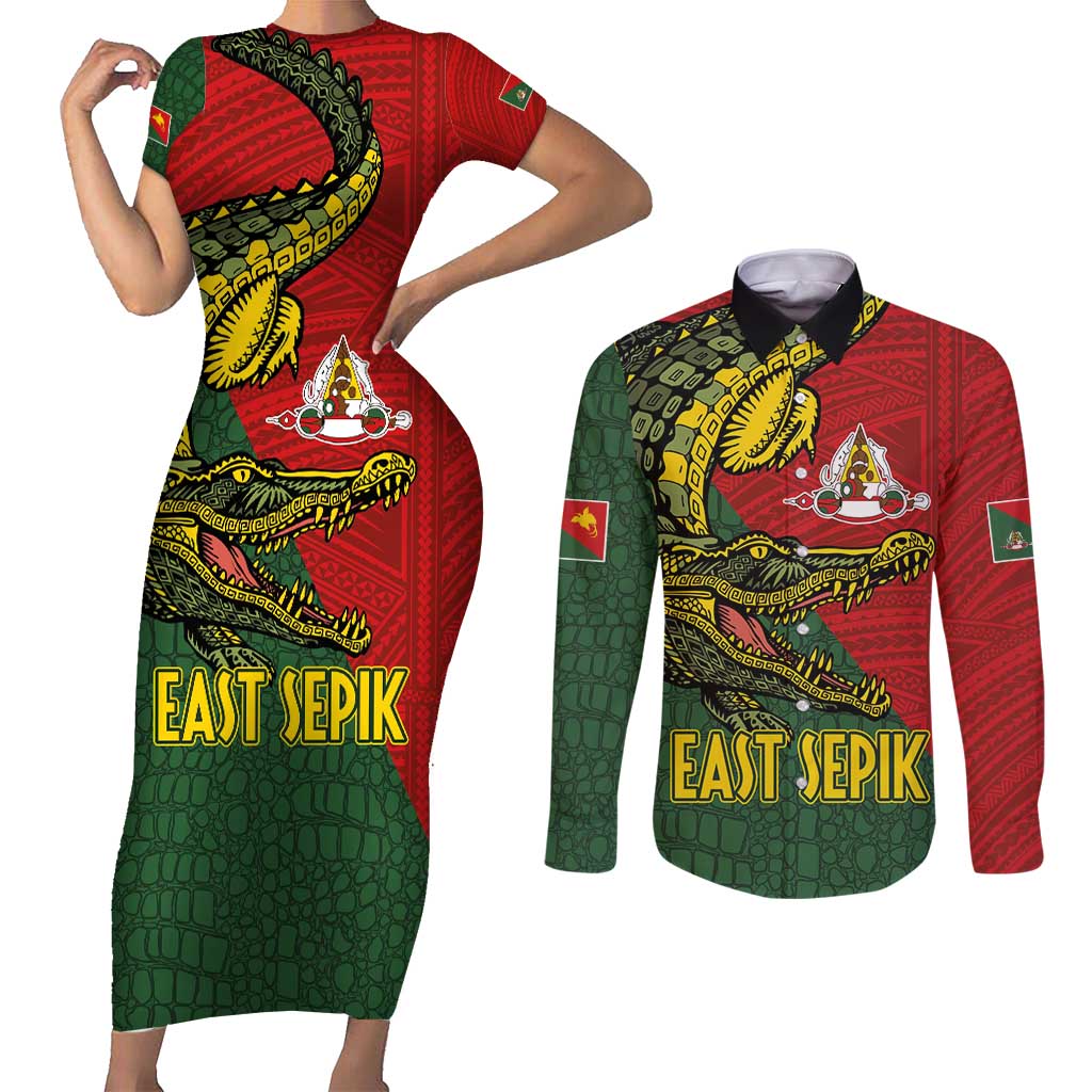 Sepik River Crocodile & Arts Festival Melanesian Pattern Couples Matching Short Sleeve Bodycon Dress and Long Sleeve Button Shirt LT03 Red - Polynesian Pride