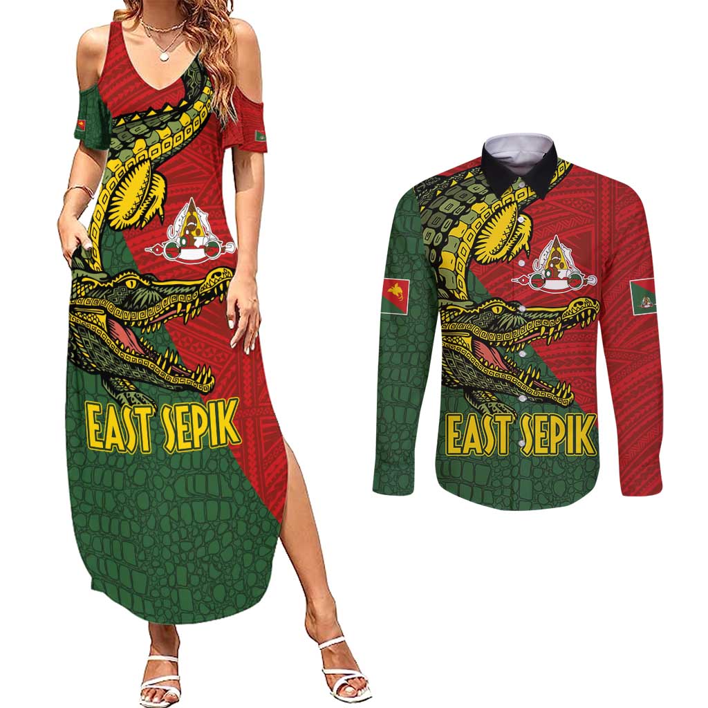 Sepik River Crocodile & Arts Festival Melanesian Pattern Couples Matching Summer Maxi Dress and Long Sleeve Button Shirt LT03 Red - Polynesian Pride
