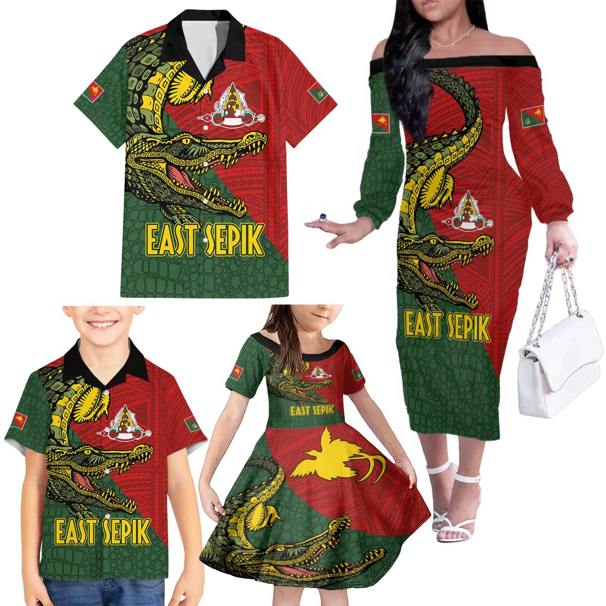 Sepik River Crocodile & Arts Festival Melanesian Pattern Family Matching Off The Shoulder Long Sleeve Dress and Hawaiian Shirt