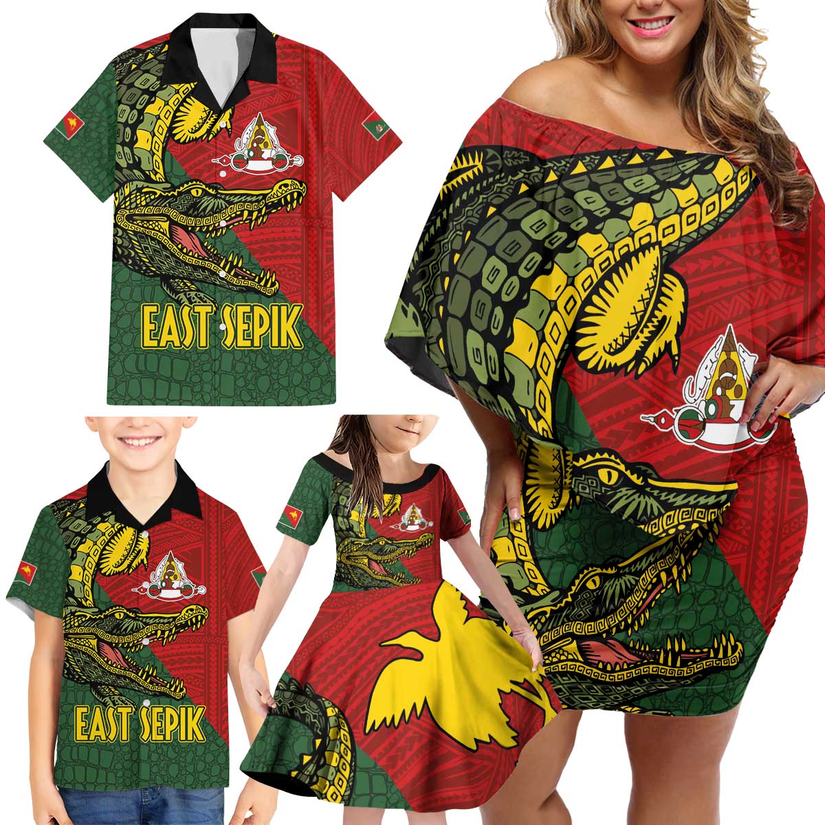 Sepik River Crocodile & Arts Festival Melanesian Pattern Family Matching Off Shoulder Short Dress and Hawaiian Shirt