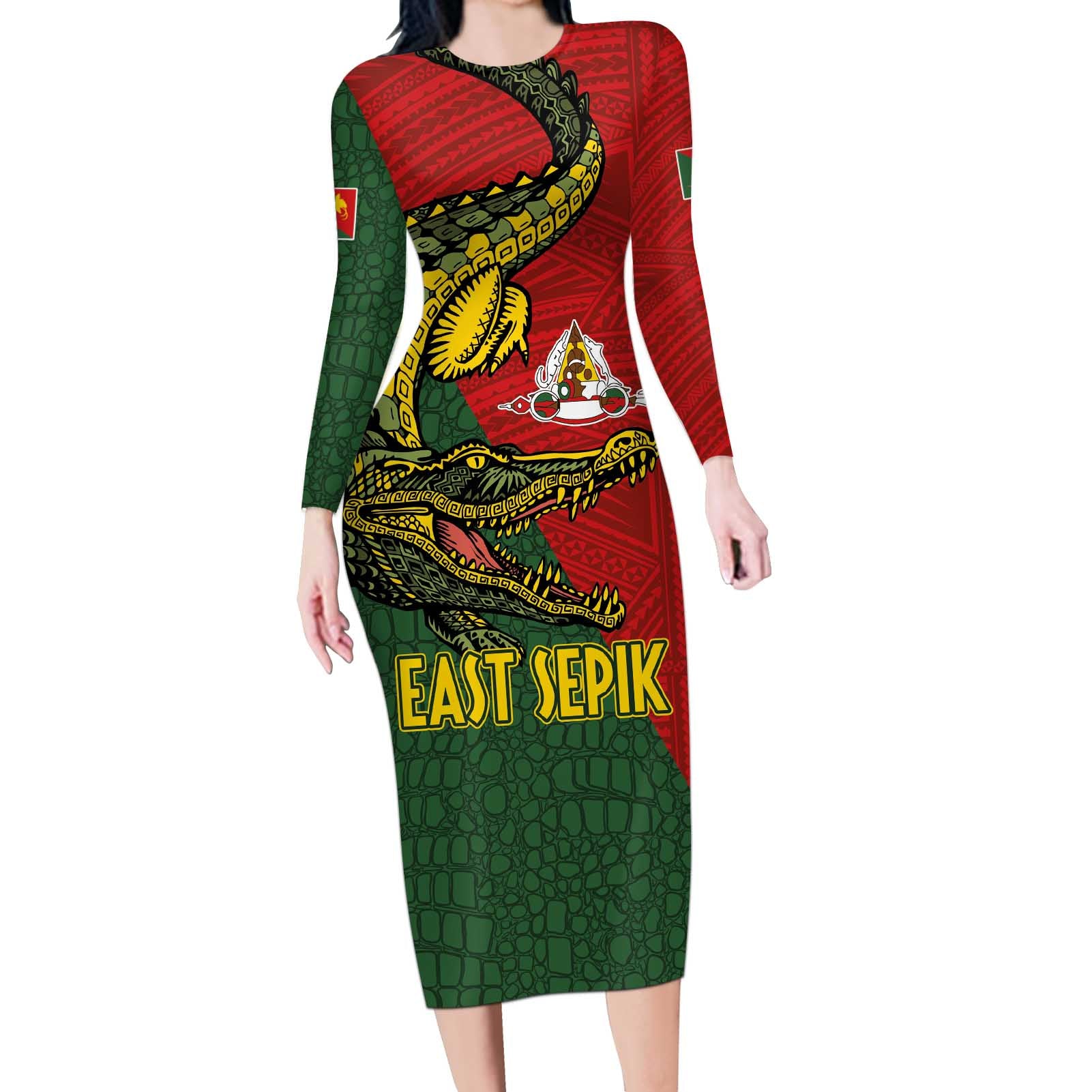 Sepik River Crocodile & Arts Festival Melanesian Pattern Long Sleeve Bodycon Dress