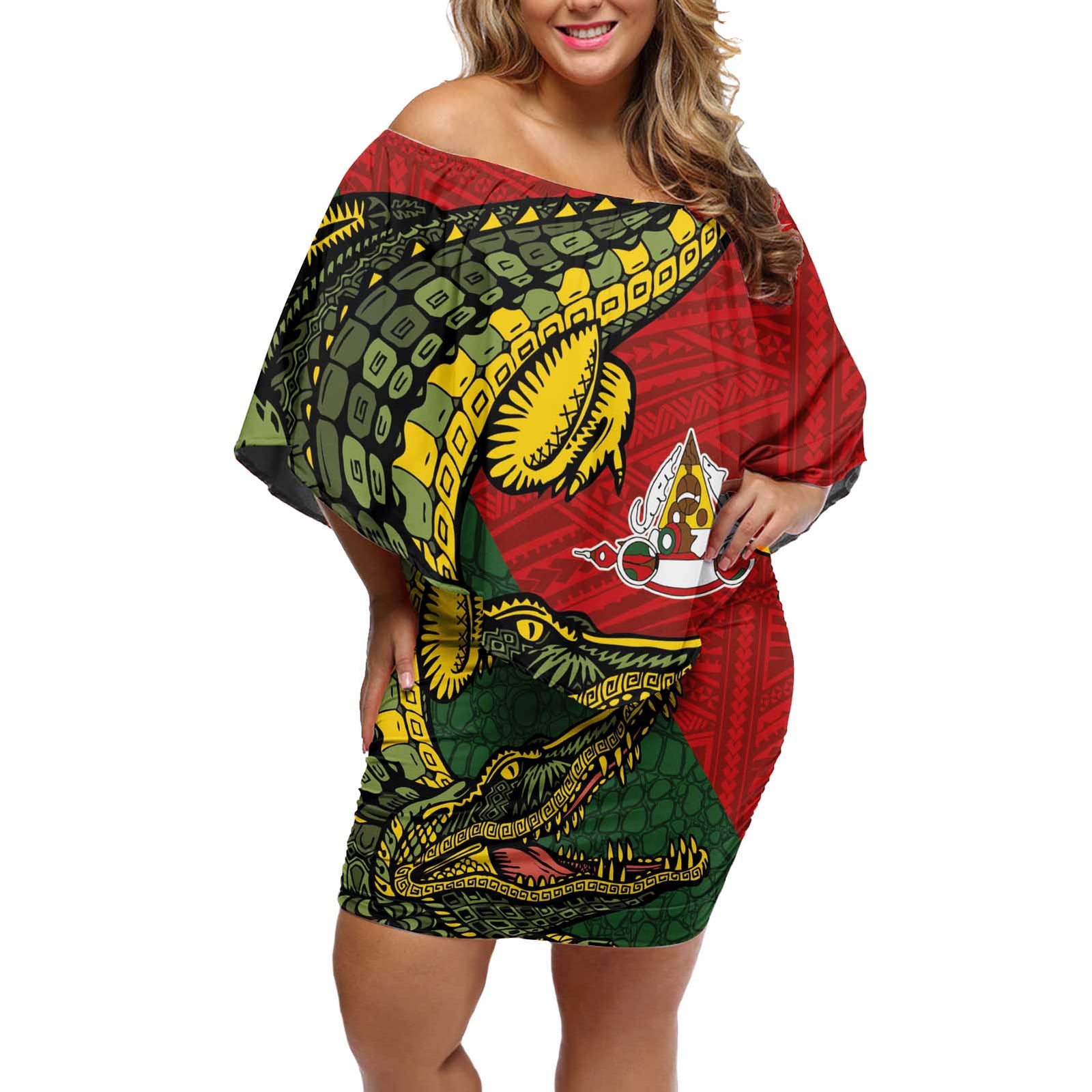 Sepik River Crocodile & Arts Festival Melanesian Pattern Off Shoulder Short Dress LT03 Women Red - Polynesian Pride