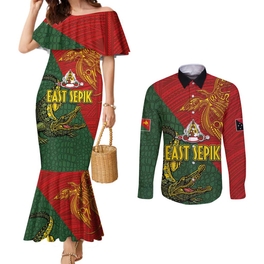 Sepik River Crocodile & Arts Festival Couples Matching Mermaid Dress and Long Sleeve Button Shirt Bird-of-paradise Melanesian Tattoo