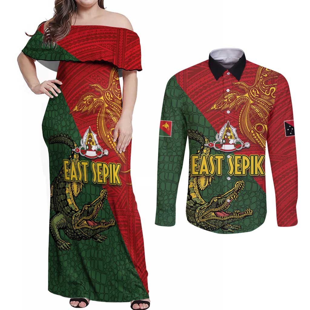 Sepik River Crocodile & Arts Festival Couples Matching Off Shoulder Maxi Dress and Long Sleeve Button Shirt Bird-of-paradise Melanesian Tattoo LT03 Red - Polynesian Pride