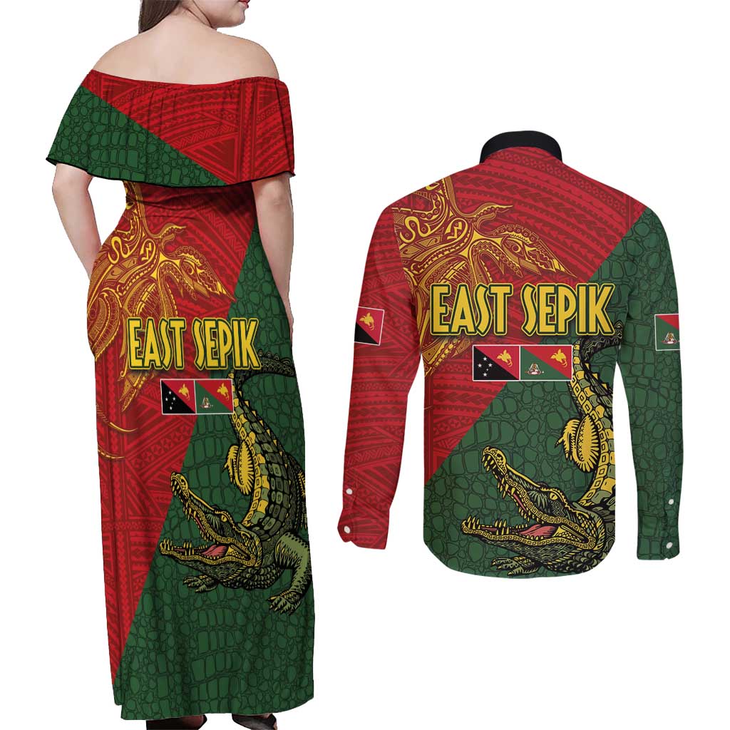 Sepik River Crocodile & Arts Festival Couples Matching Off Shoulder Maxi Dress and Long Sleeve Button Shirt Bird-of-paradise Melanesian Tattoo