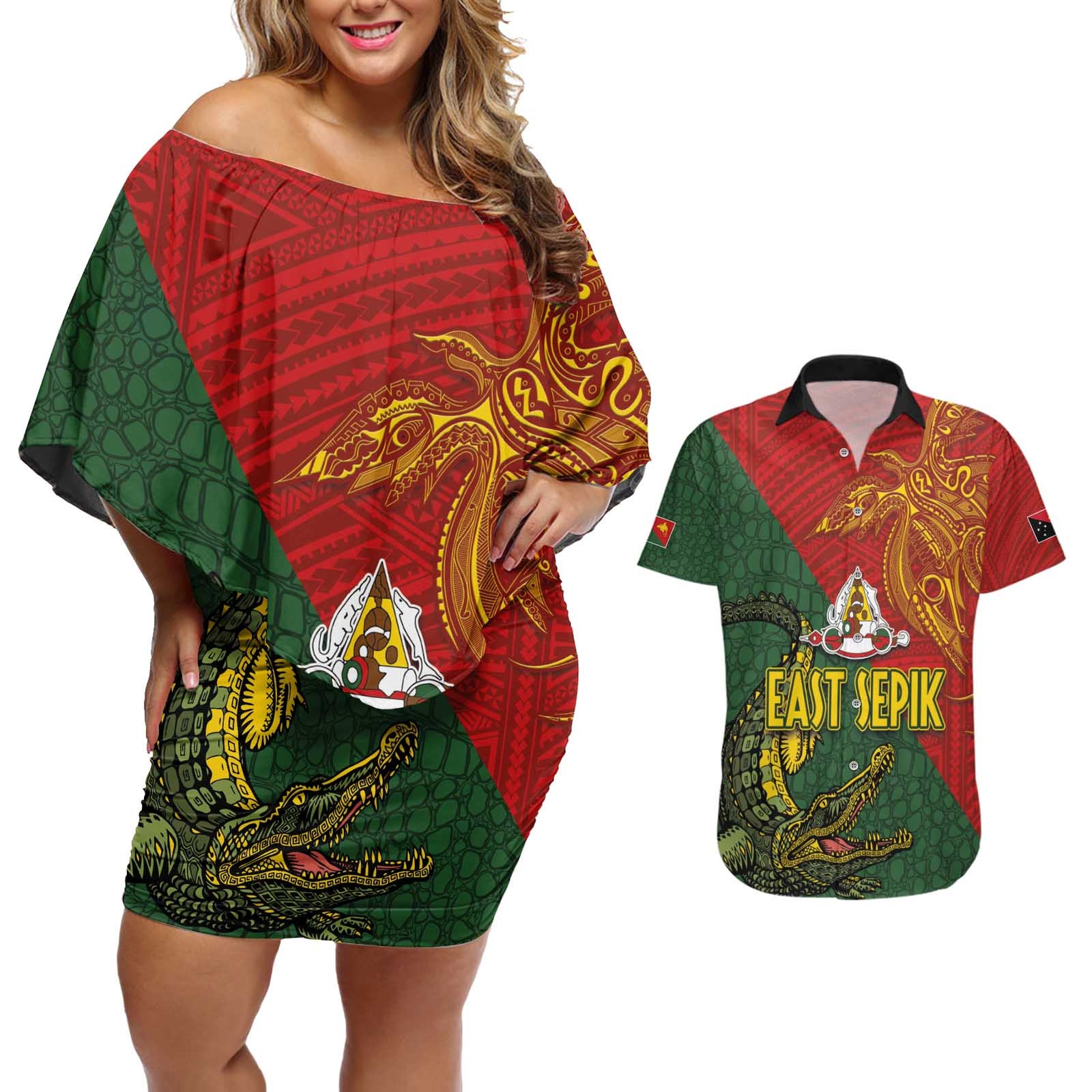 Sepik River Crocodile & Arts Festival Couples Matching Off Shoulder Short Dress and Hawaiian Shirt Bird-of-paradise Melanesian Tattoo LT03 Red - Polynesian Pride