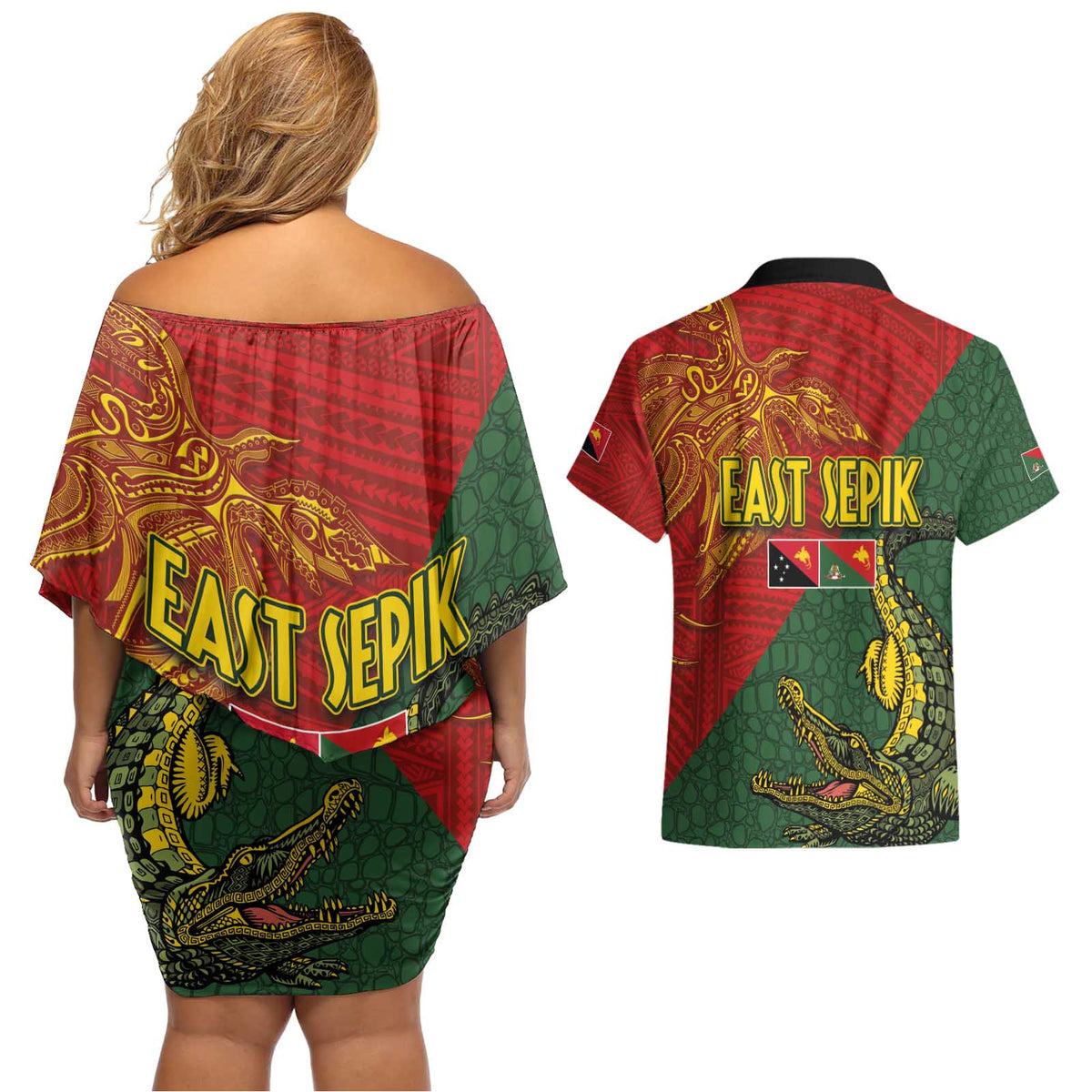 Sepik River Crocodile & Arts Festival Couples Matching Off Shoulder Short Dress and Hawaiian Shirt Bird-of-paradise Melanesian Tattoo