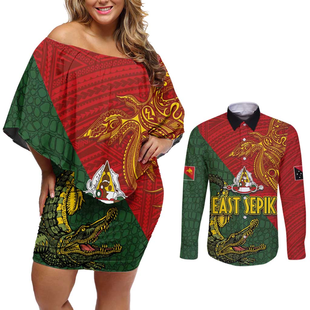 Sepik River Crocodile & Arts Festival Couples Matching Off Shoulder Short Dress and Long Sleeve Button Shirt Bird-of-paradise Melanesian Tattoo LT03 Red - Polynesian Pride