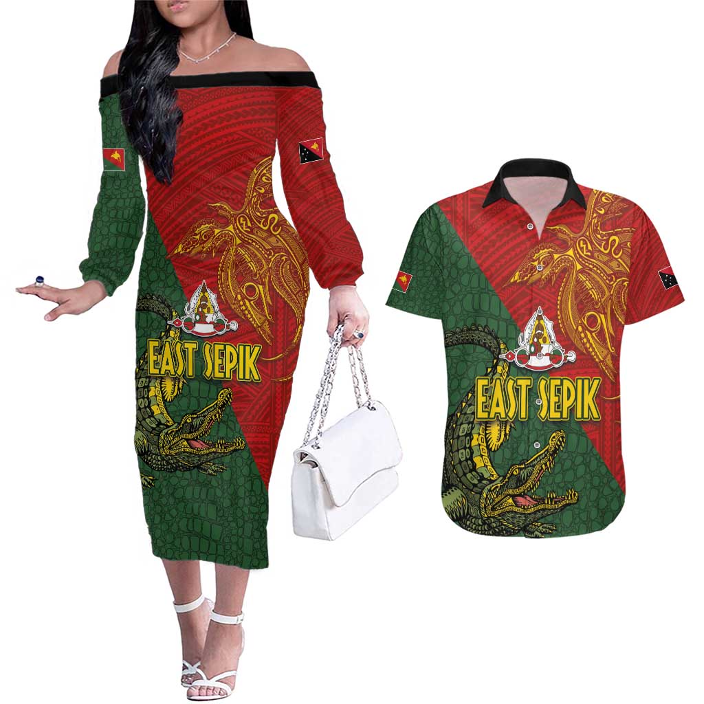 Sepik River Crocodile & Arts Festival Couples Matching Off The Shoulder Long Sleeve Dress and Hawaiian Shirt Bird-of-paradise Melanesian Tattoo LT03 Red - Polynesian Pride