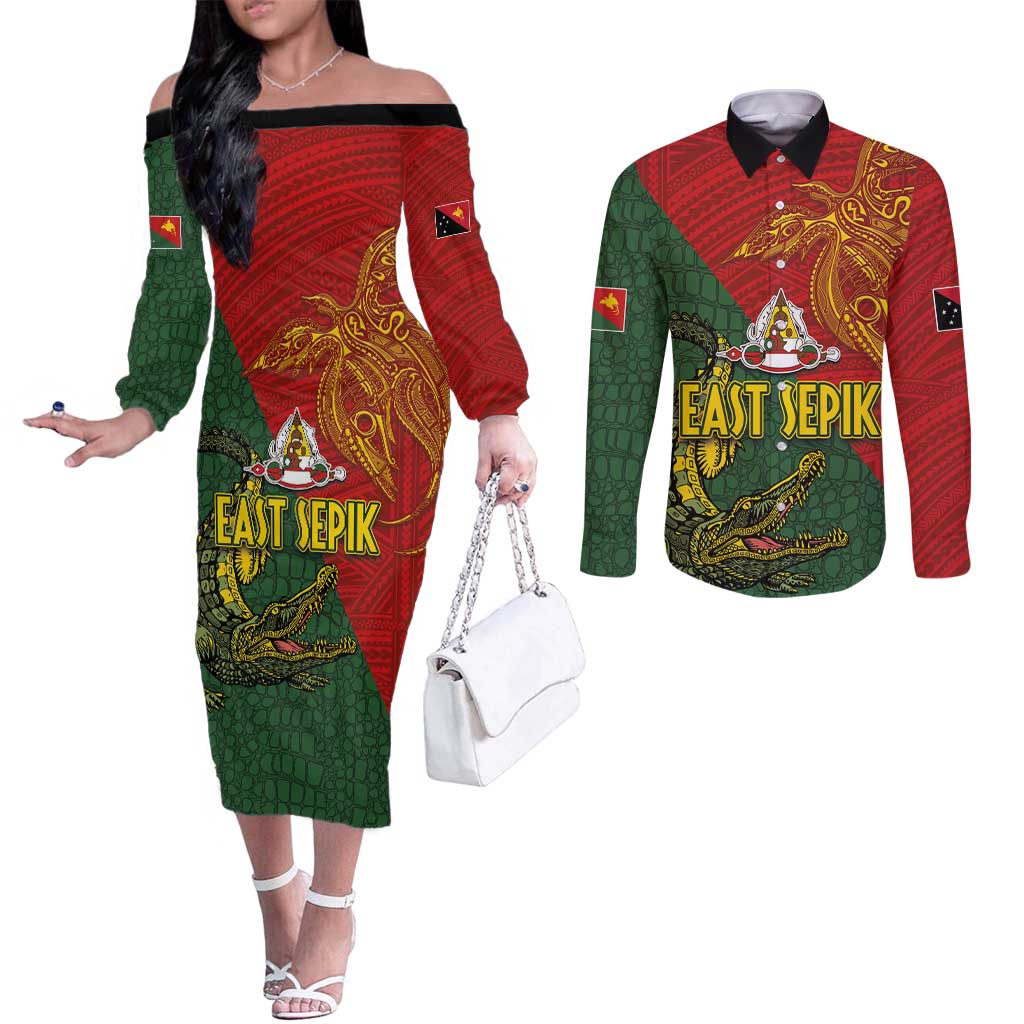 Sepik River Crocodile & Arts Festival Couples Matching Off The Shoulder Long Sleeve Dress and Long Sleeve Button Shirt Bird-of-paradise Melanesian Tattoo LT03 Red - Polynesian Pride