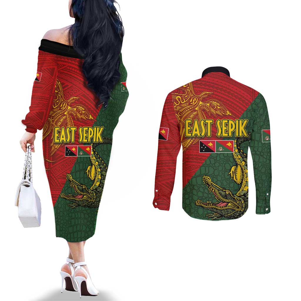 Sepik River Crocodile & Arts Festival Couples Matching Off The Shoulder Long Sleeve Dress and Long Sleeve Button Shirt Bird-of-paradise Melanesian Tattoo