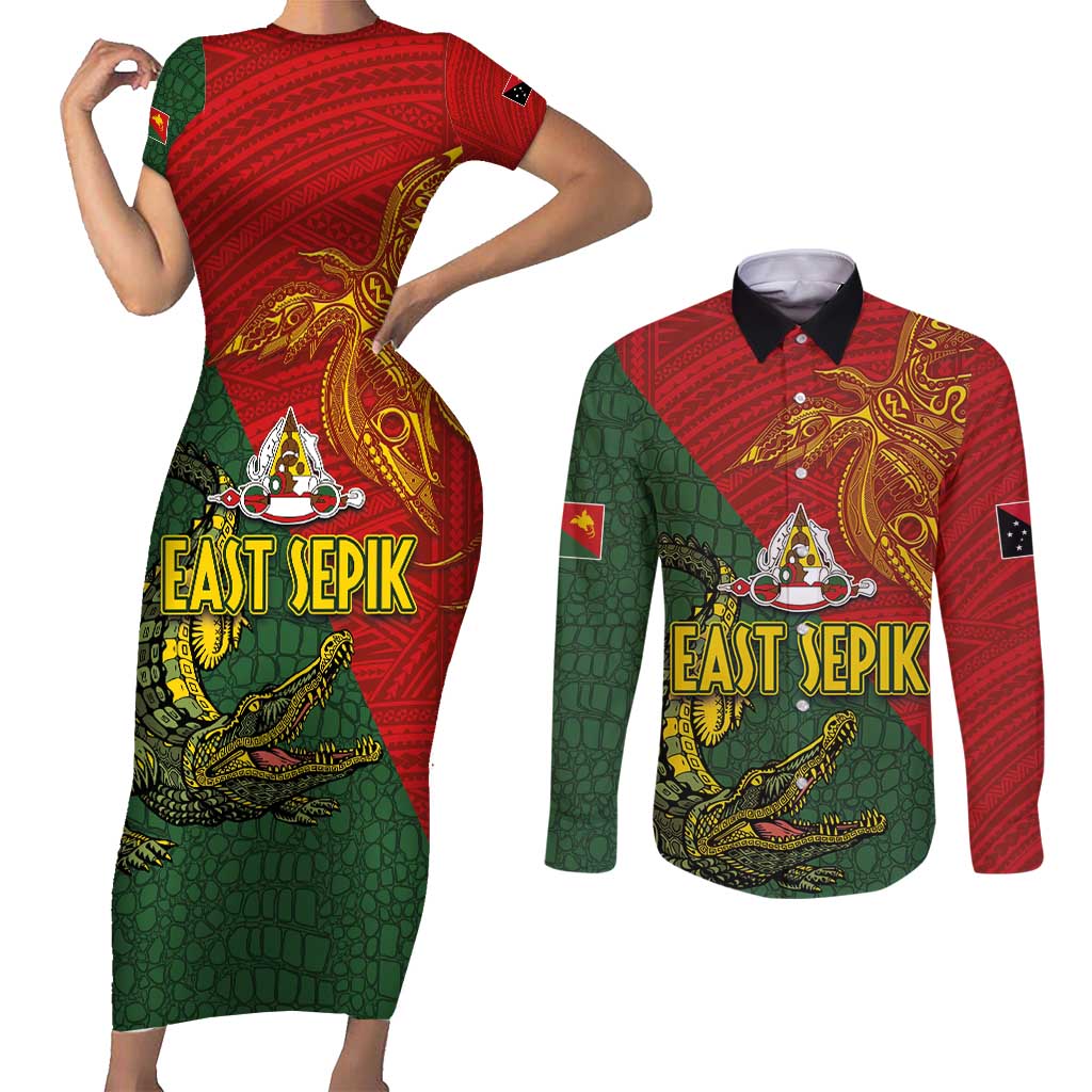 Sepik River Crocodile & Arts Festival Couples Matching Short Sleeve Bodycon Dress and Long Sleeve Button Shirt Bird-of-paradise Melanesian Tattoo LT03 Red - Polynesian Pride