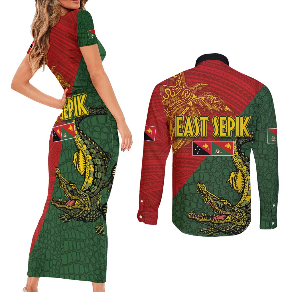 Sepik River Crocodile & Arts Festival Couples Matching Short Sleeve Bodycon Dress and Long Sleeve Button Shirt Bird-of-paradise Melanesian Tattoo
