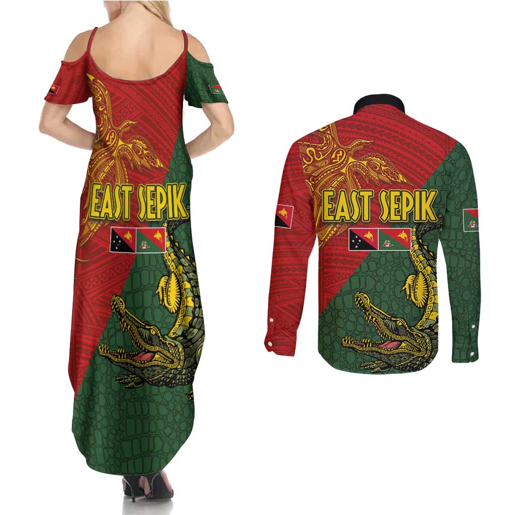 Sepik River Crocodile & Arts Festival Couples Matching Summer Maxi Dress and Long Sleeve Button Shirt Bird-of-paradise Melanesian Tattoo