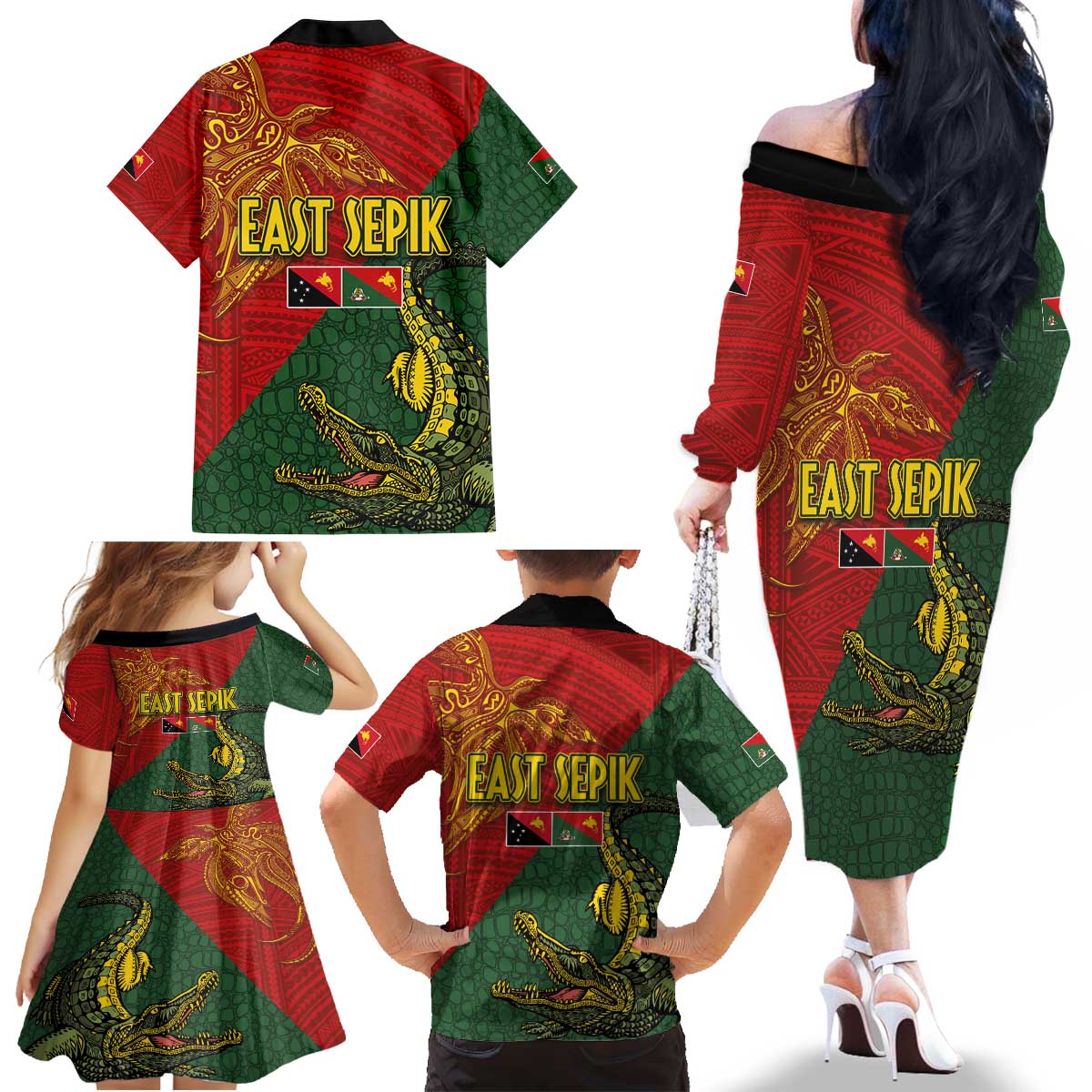Sepik River Crocodile & Arts Festival Family Matching Off The Shoulder Long Sleeve Dress and Hawaiian Shirt Bird-of-paradise Melanesian Tattoo